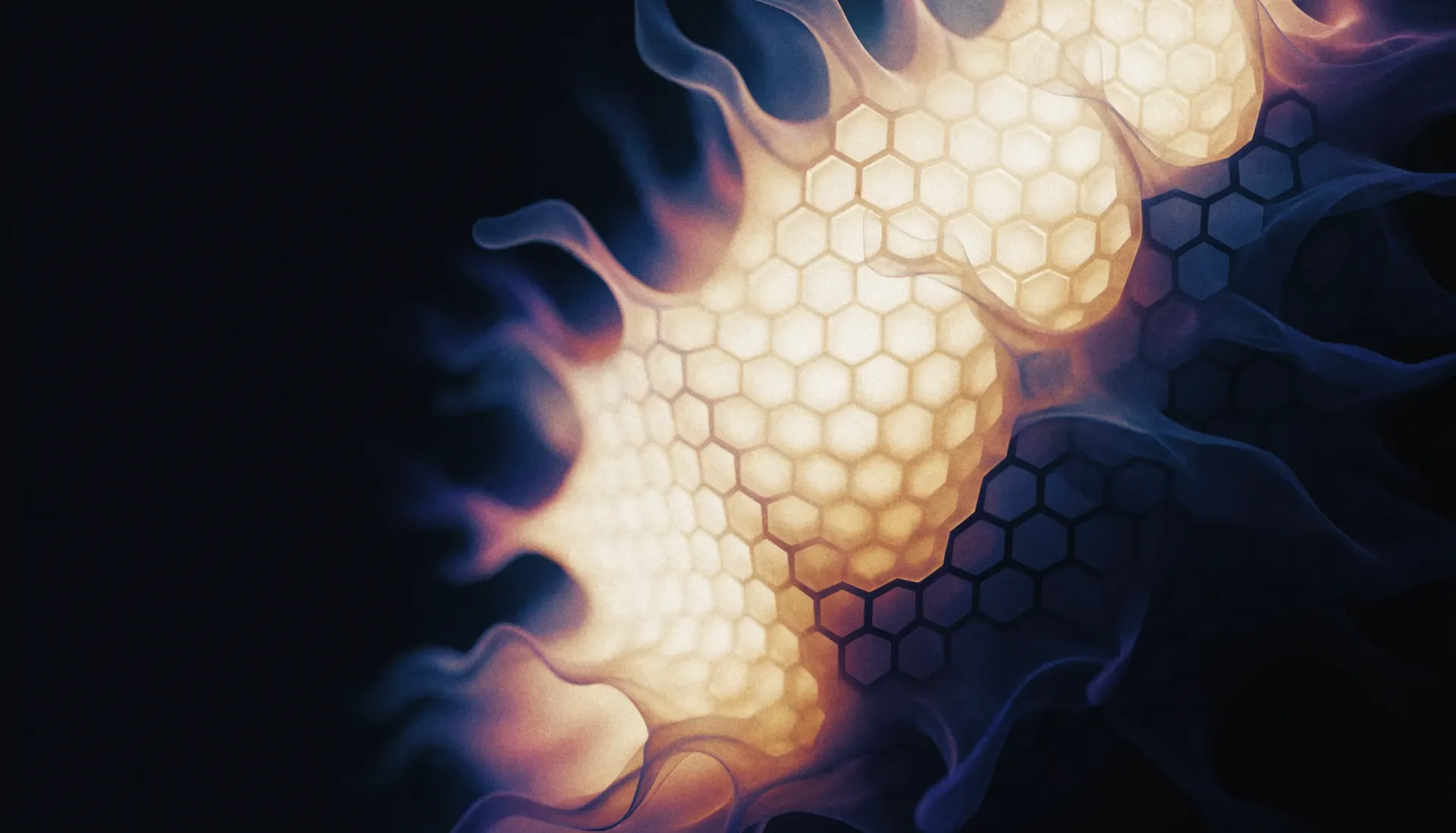 A luminous golden hexagonal lattice of light emerging from darkness