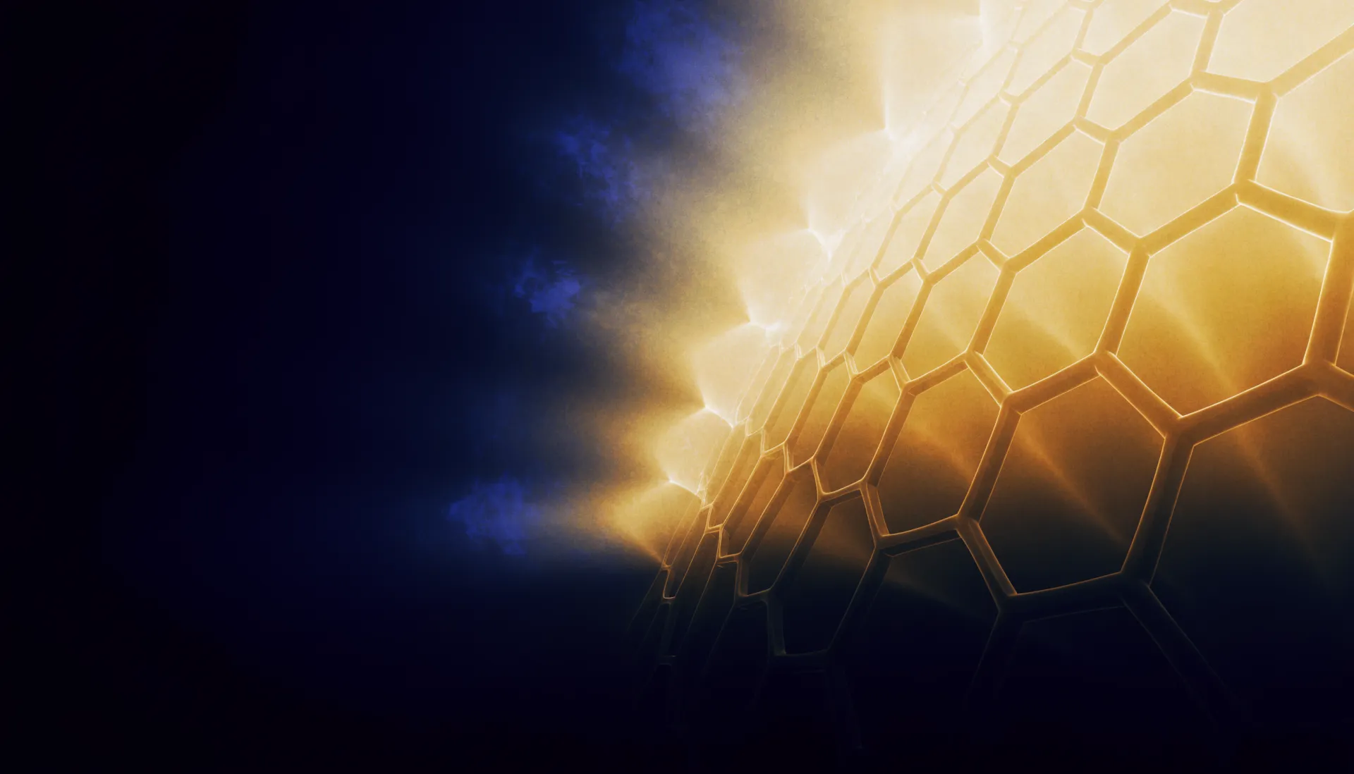 A luminous brass-gold and blue hexagonal lattice of light at dawn